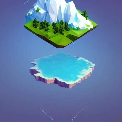 Prompt: floating island in the sky, low poly, isometric art, 3d art, high detail, artstation, concept art, behance, ray tracing, smooth, sharp focus, ethereal lighting