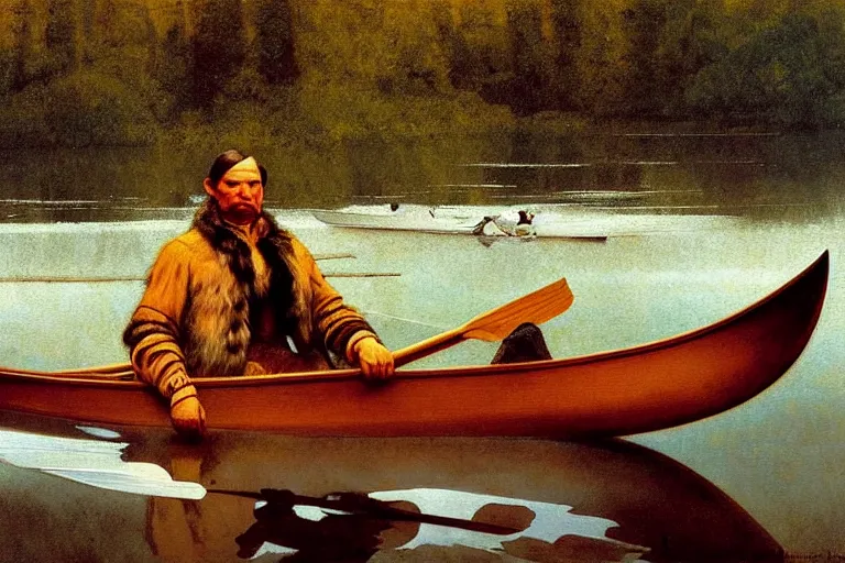 Image similar to fur trader in a canoe, 1 8 5 0. illustrated by n. c. wyeth. oil painting, highly detailed, centered, digital painting, artstation, romantic, concept art, smooth, sharp focus, illustration, artgerm, tomasz alen kopera, frans hals, drew struzan