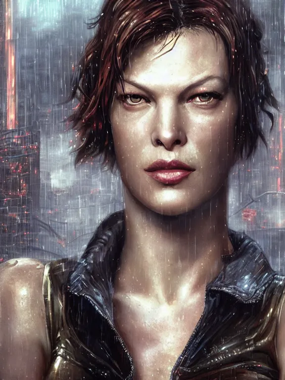 Image similar to portrait of milla jovovich from resident evil fighting in the wreckage city in the rain, by tom bagshaw, cedric peyravernay, james paick, ted nasmith, peter gric, hugh ferriss, trending on artstation, 8 k, blade runner 2 0 4 9, ultra realistic, high detail, golden ratio, cinematic lighting, maximalist