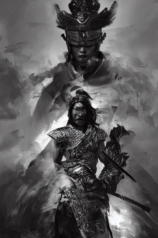 Prompt: chinese warrior, portrait, fierce, intricate, elegant, black and white volumetric lighting, scenery, digital painting, highly detailed, artstation, sharp focus, illustration, concept art, ruan jia, steve mccurry