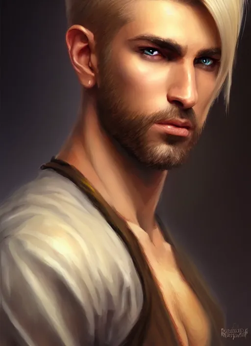 Image similar to a _ fantasy _ style _ portrait _ painting _ of male, medium dark blonde hair side part and blonde stubble, rpg dnd oil _ painting _ unreal _ 5 _ daz. _ rpg _ portrait _ extremely _ detailed _ artgerm _ greg _ rutkowski _ greg