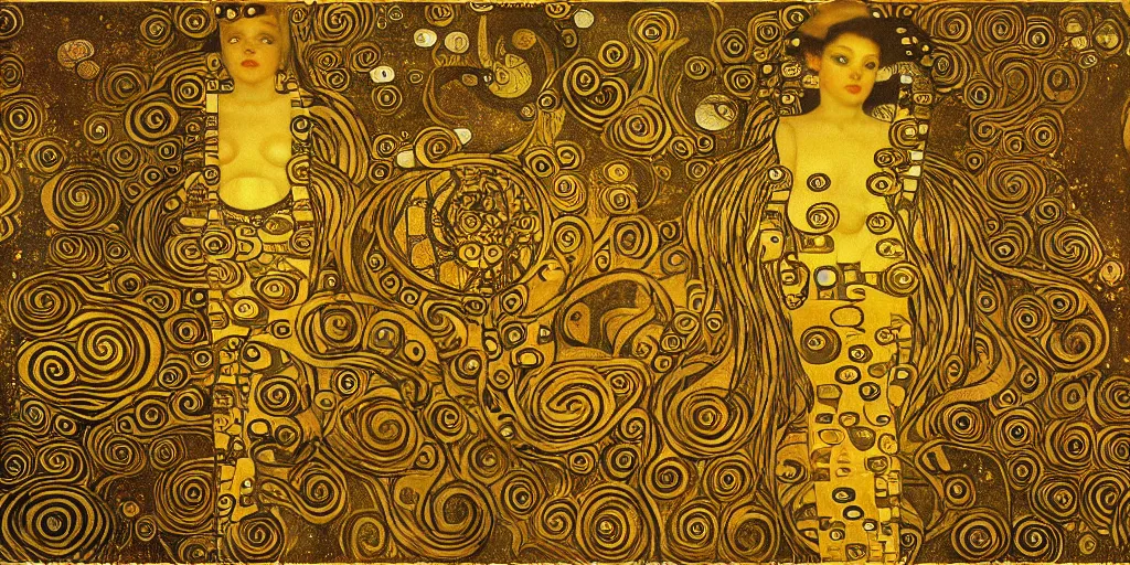 Prompt: klimt, wicca gold symbols optical illusion escher, magical symbols, by bayard wu