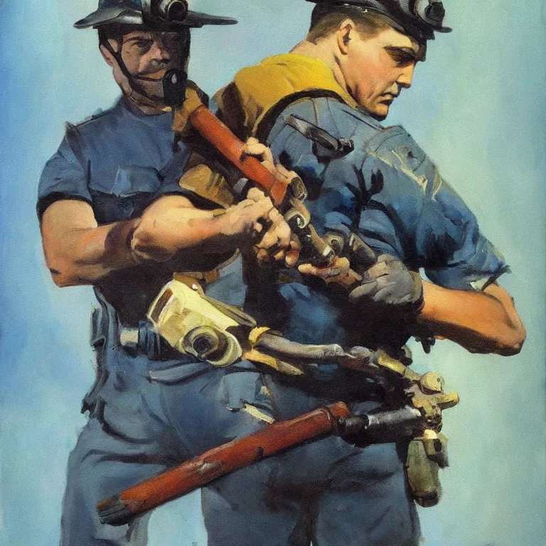 Prompt: a beautiful portrait painting in the style of frank frazetta of a half - life 2 civil protection officer holding a stun baton, blue backlight
