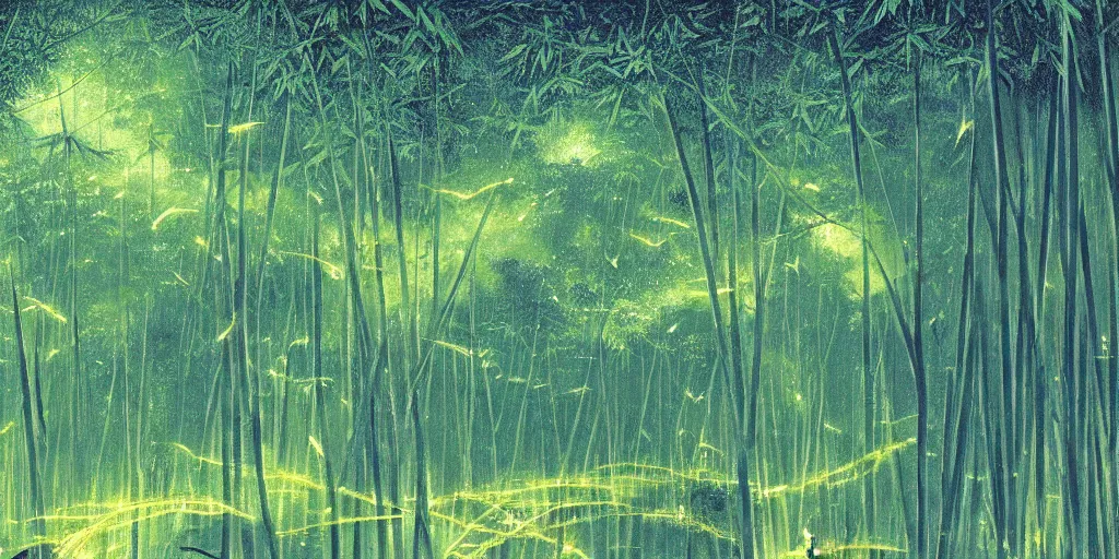 Image similar to a lightning bolt cuts through a bamboo forest, tiny fireflies glowing, 4 k wallpaper, drawn by hiroshi yoshida.