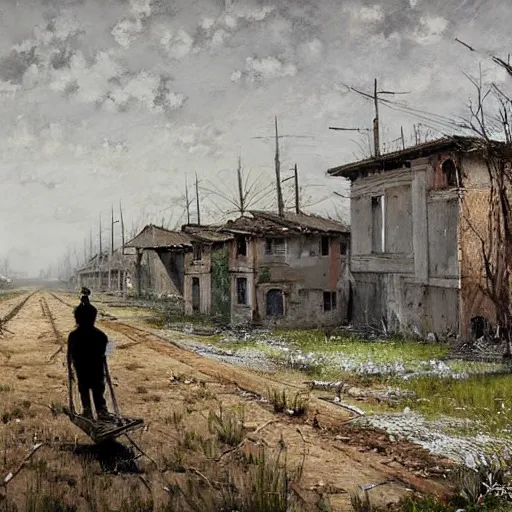 Image similar to painting by jakub rozalski of a person walking with a wheelbarrow in an abandoned post soviet town infested with root monsters