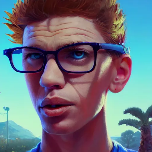 Image similar to highly detailed portrait bart simpson, in gta v, stephen bliss, unreal engine, fantasy art by greg rutkowski, loish, rhads, ferdinand knab, makoto shinkai and lois van baarle, ilya kuvshinov, rossdraws, tom bagshaw, global illumination, radiant light, detailed and intricate environment