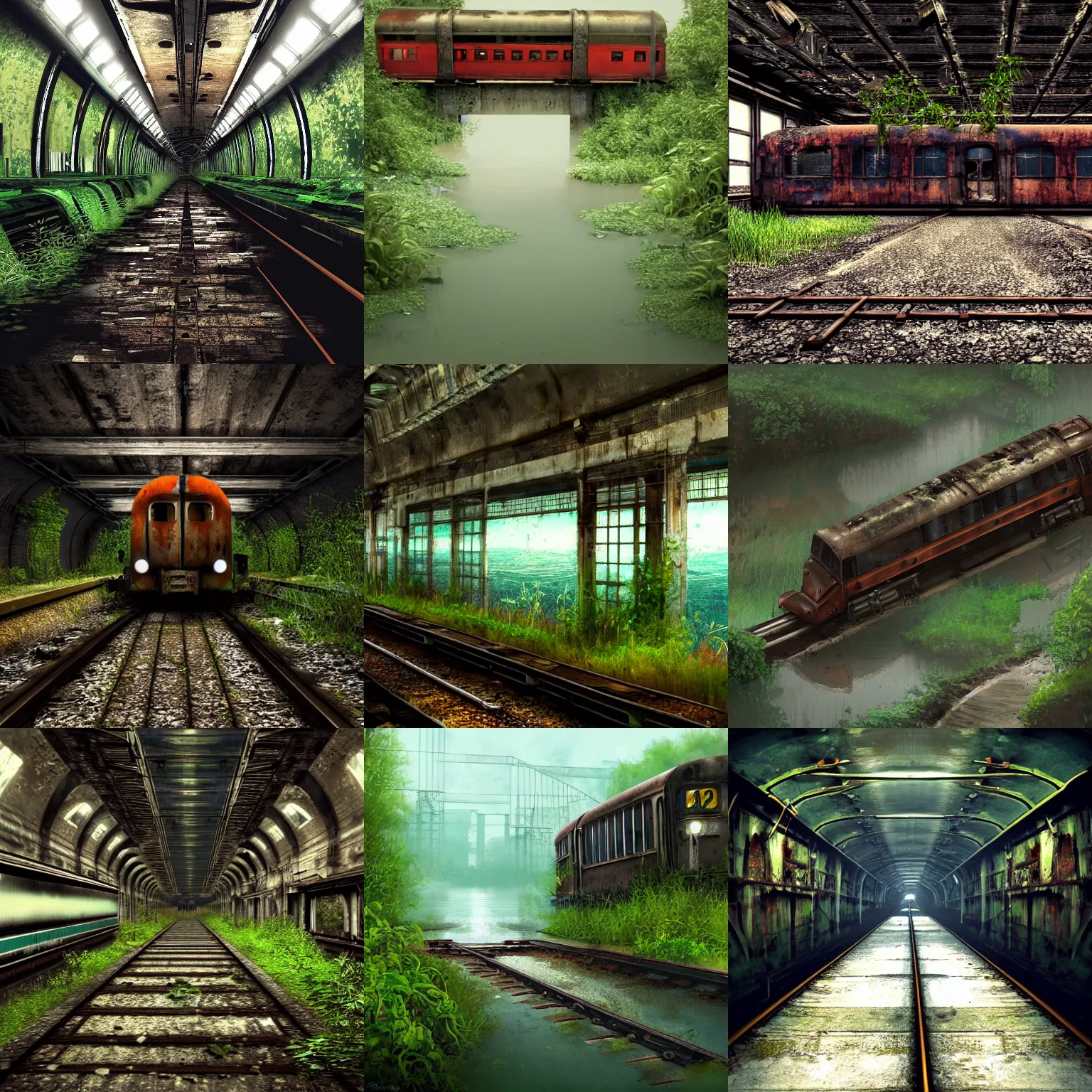 Prompt: an abandoned rusted train, alone, in an empty dark flooded london underground tunnel, overgrown with aquatic plants, digital art, artstation