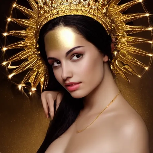 Image similar to glowing goddess with fair skin and beautiful face with gold crown wearing a loose thin white robe