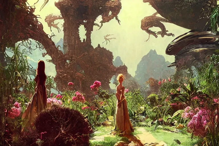 Prompt: pulp scifi fantasy illustration, elegant woman meets lizard alien in beautiful garden, flowers, baobab trees, distant town in valley and hills, spacehip, by norman rockwell, jack kirby, john berkey, bergey, craig mullins, ruan jia, raymond swanland, jeremy mann, beksinski, tom lovell, rodney matthews