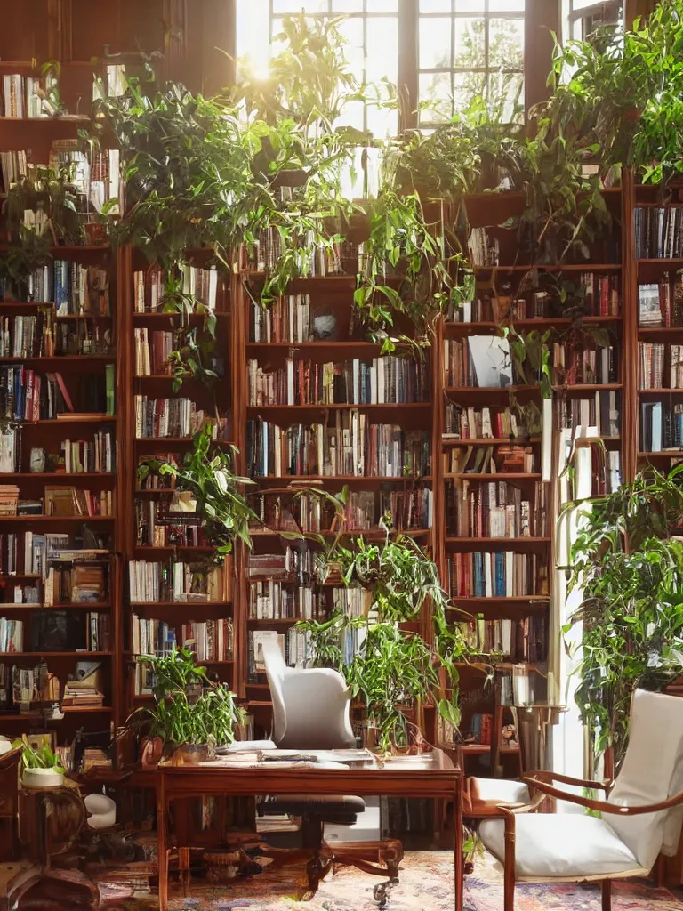 Image similar to A beautiful office room with mahogany bookcases and many beautiful plants and sunset light coming through the windows