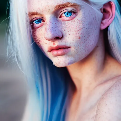 Image similar to beautiful hyperreal portrait of a cute woman, long white hair, cute freckles on cheeks and nose, blue eyes, very detailed face, soft smile, golden hour, soft focus, 8 k, portra 4 0 0