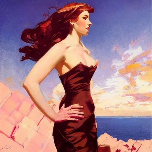 Image similar to an attractive female standing on a cliff, looking out at a pink ocean, by jc leyendecker!! phil hale!, angular, brush strokes, painterly, vintage, crisp