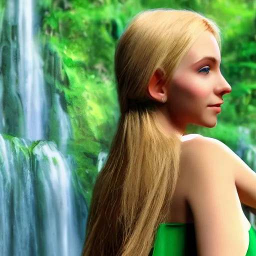 Prompt: beautiful young blonde-haired elf woman tucking her hair behind her ear and wearing a green dress in front of a waterfall, very very very beautiful, trending on artstation, 4k