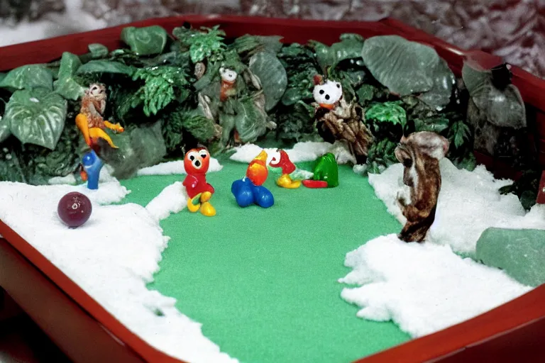 Prompt: fisher price pool table snowy jungle scene Scene from TV show 55mm