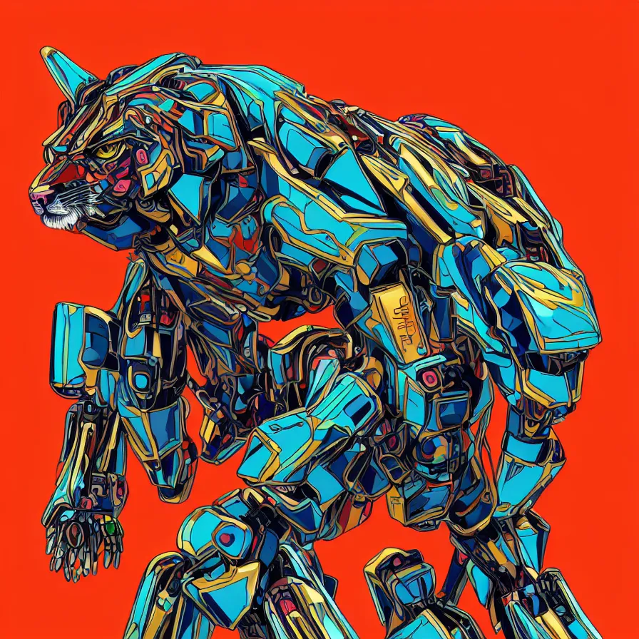 Image similar to a hypermaximalist overdetailed antropomorphic humanoid mecha or android with a hed of a lynx, tiger, or lion. lowbrow color palette. artwork by subjekt zero