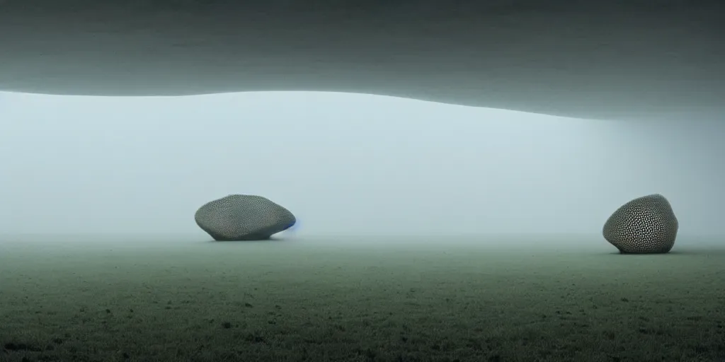 Image similar to white honeycomb organic building with warm illumination inside by ernesto neto sits on the field evening atmosphere in low fog, 4 k, insanely quality, highly detailed, film still from the movie directed by denis villeneuve with art direction by zdzisław beksinski, telephoto lens, shallow depth of field