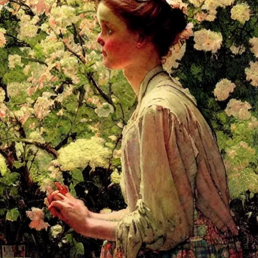 Prompt: Persephone in Spring, by Norman Rockwell, warm glow, deep focus, busy composition