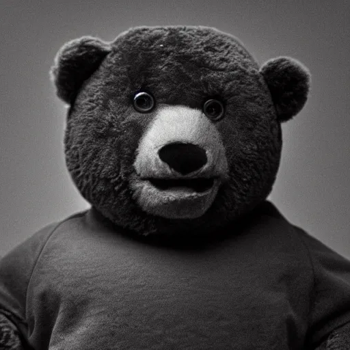 Image similar to a ( ( ( ( ( ( ( ( ( chiaroscuro lighting portrait ) ) ) ) ) ) ) ) ) ) of kanye west dressed as teddy bear mascot, black background, portrait by julia margaret cameron, shallow depth of field, 8 0 mm, f 1. 8