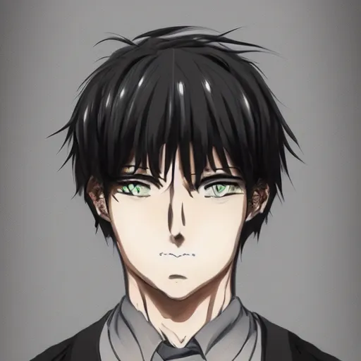 Prompt: anime portrait of a man in the style of psycho - pass, he is about 3 0 years old, short black hair with bangs, his features are a mix between french, turkish and russian and he is wearing a beige and black utility jumpsuit, highly detailed portrait, digital painting, artstation, concept art, smooth, sharp foccus ilustration, artstation hq