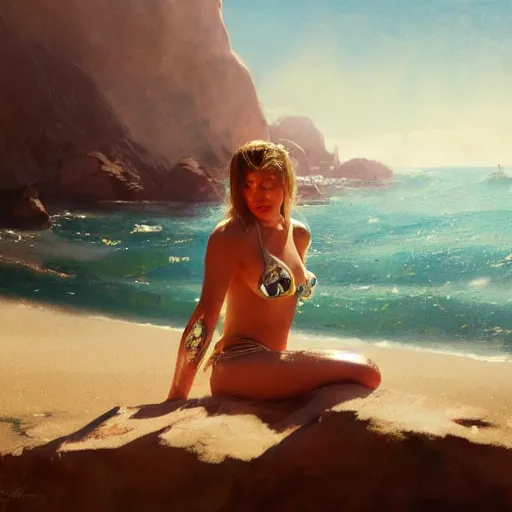 Prompt: halsey in a bikini, 8 k octane beautifully detailed render, post - processing, extremely hyper - detailed, intricate, epic composition, cinematic lighting, masterpiece, trending on artstation, masterpiece, stunning art by anders zorn, wonderful masterpiece by greg rutkowski, beautiful cinematic