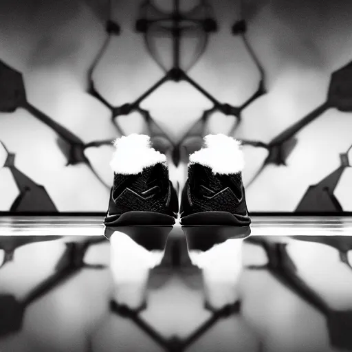 Image similar to nike shoe made of very organic structure fluffy black and white faux fur placed on reflective surface, professional advertising, overhead lighting, heavy detail, realistic by nate vanhook, mark miner