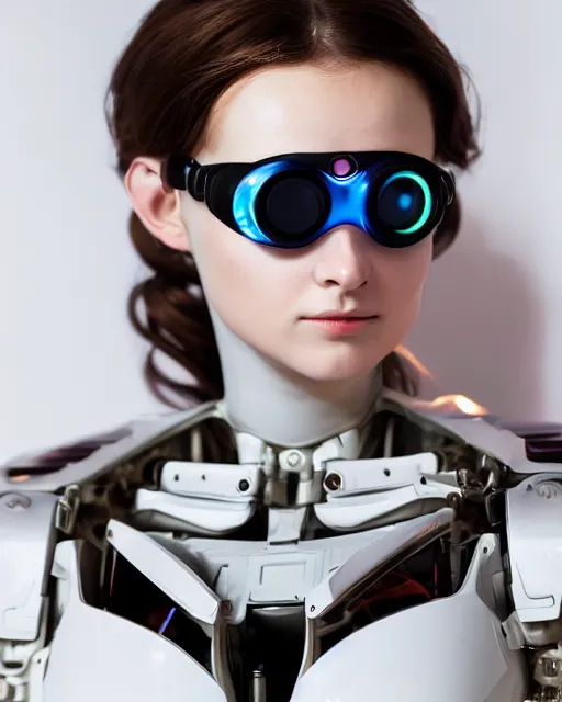 Image similar to 3 / 4 portrait photo by bouguereau of female dancer as a cyberpunk mecha humanoid robotic parts wearing goggles with led lights, inside white room, ultra - realistic and detailed, 8 k