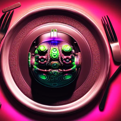 Prompt: ultradetailed still - life aspic on plate insanely detailed, octane render, cgsociety cyberpunk, neon, vaporwave sci - fi, futuristic, amazing space creature 4 k, 8 k, hyper realism scary, alluring, coveted alive