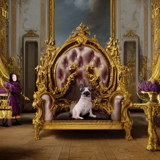 Prompt: 8k highly detailed oil matte painting in the style of Charles Landelle of A French Bulldog Louis XIV, decadent throne room, the other animals prostrate themselves before the throne, French architecture