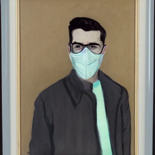 Image similar to portrait of young man wearing black medical mask, style of coby whitmore