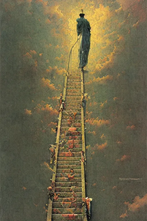 Image similar to a stairway to heaven by norman rockwell and zdzislaw beksinski