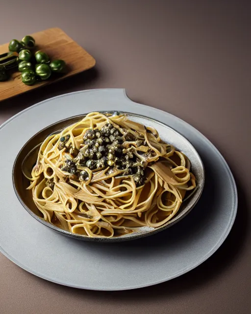 Image similar to pasta dish with anchovies and capers, lunch, cinematic lighting, hyper realism, octane render, 8 k, hyper detailed.