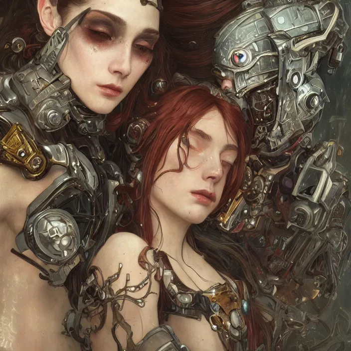 Image similar to portrait of two beautiful pale gothic cyborg maidens kissing, warhammer 40000, cyberpunk, intricate, elegant, highly detailed, digital painting, artstation, concept art, smooth, sharp focus, illustration, art by artgerm and greg rutkowski and alphonse mucha and Gustav Klimt