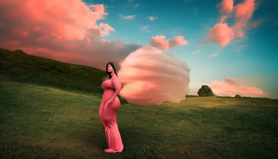 Prompt: a beautiful curvy woman who looks like a cloud, photo - realistic, detailed, orange / pink sky, dreamy, surrealistic