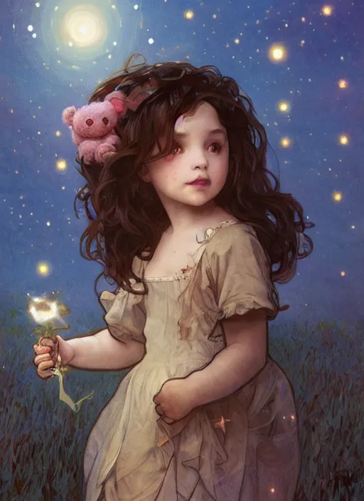 Image similar to A cute little girl with short curly brown hair. She is standing in a field at night holding a care bear, looking up and the sky is filled with constellations. beautiful fantasy art by By Artgerm and Greg Rutkowski and Alphonse Mucha, trending on artstation.