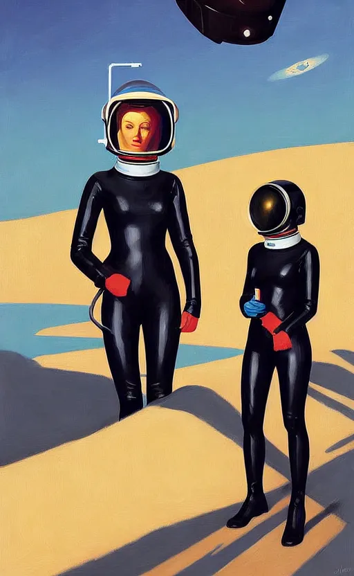 Image similar to Portrait of a woman astronaut with helmet and black latex suit, very coherent, painted by Edward Hopper, painted by James Gilleard, airbrush, art by JamesJean