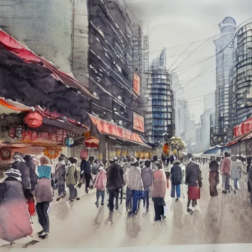 Image similar to Shanghai street scene, highly detailed, contemporary watercolor, smooth, by Joseph Zbikowicz, 8k