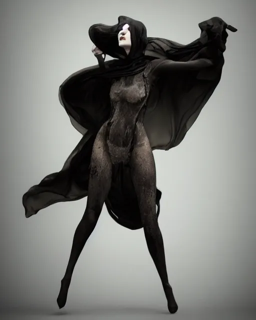 Image similar to professional concept art ethereal ghostlike valkyrie figure wrapped in dark smoke robes and silk veils by ilm, paolo roversi, nick knight, amy judd, fluid simulation in houdini, beautiful simplified form dancing with turbulent movement, dark studio background, vivid, romantic, trending on artstation, hyperrealism, matte painting, dutch golden age, fine detail, cgsociety