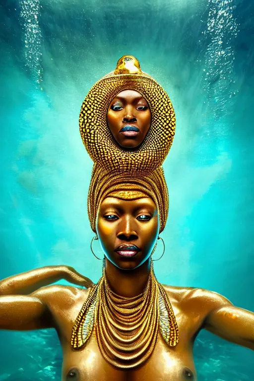 Image similar to hyperrealistic futurist full body cinematic very expressive! translucent african goddess underwater scene, gold jewerly, highly detailed face, digital art masterpiece, smooth eric zener cam de leon, dramatic pearlescent turquoise light on one side, low angle uhd 8 k, shallow depth of field