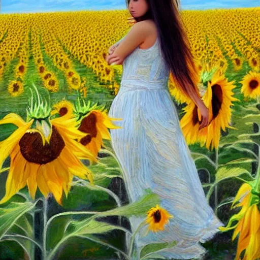 Prompt: a girl in amazing tall sunflower field, her hair flowing down, subtle, intricate details, real masterpiece, oil on canvas, by somsak anong