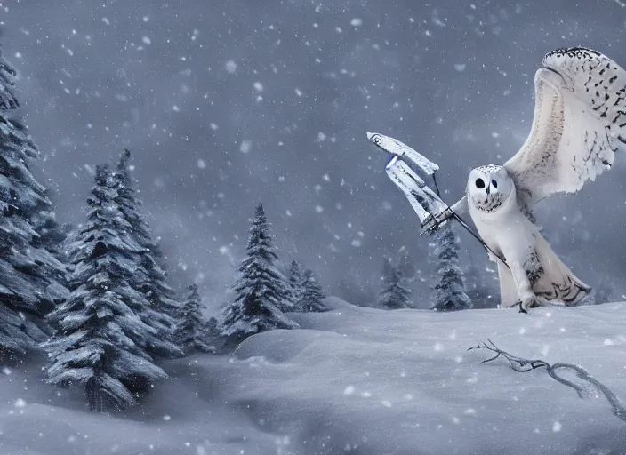 Image similar to an snowy owl ranger carrying a bow and arrow in a vast snowy landscape looking for tracks, hyperdetailed and intricate, 8 k render, indie game concept art