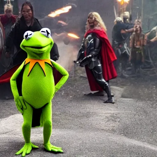 Prompt: photo of Kermit the frog as thor god of thunder in averngers movie