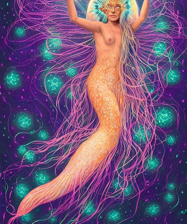 Prompt: portrait of a levitating floating in space goddess mermaid with (reaction diffusion) scaled fish skin Bioluminescent phoenix jellyfish, phoenix fire, chimera, energy rays, Her breath shot a haze of steam out into the frosty morning air concept, soft light, soft mood, realistic body features and face, illustration,intricate ornament halo, painting oil on canvas by Elena Zhurikhina and Goro Fujita and Charlie Bowater, octane render trending on artstation, 4k, 8k, HD