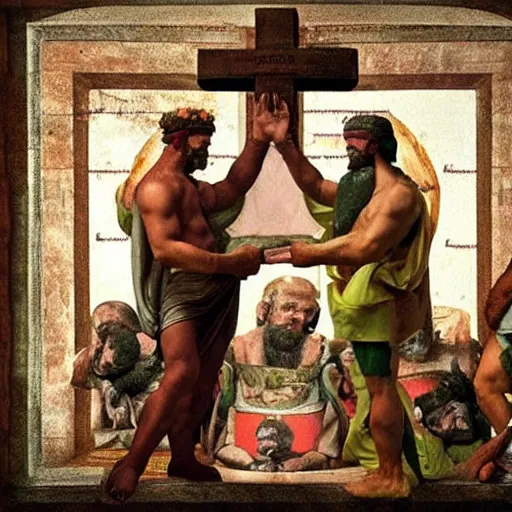 Prompt: God handing Pepe the ten commandments in the style of Michelangelo