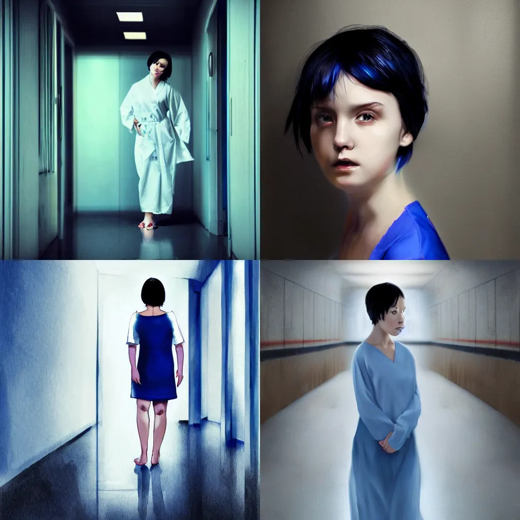 Prompt: A young woman with short black hair, wearing a white hospital gown, walks down dark hallway, timid and vulnerable expression, vividly glowing bright blue, full body shot, strong contrast, digital painting by WLOP