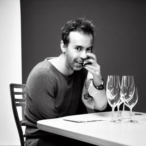 Image similar to portrait of a 3 0 years old frenchman in 2 0 2 0 seated at a table with a bottle of wine. award winning photography, 5 0 mm, studio lighting, black and white, contrasted.