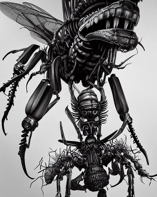 Image similar to death is swallowed up in victory, very detailed and beautiful portrait of a giant mechanical wasp, screaming with fear, giant mechanical bird, artwork by artgerm, art by h. r. giger