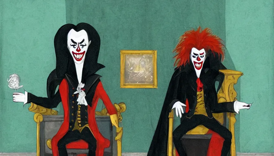 Image similar to a vampire sitting on a throne in his castle during the american revolution. he is surrounded by paintings and is wearing a bright clown emoji mask. character design by john and ai