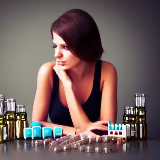 Prompt: a beautiful female model surrounded by pills and alcohol bottles