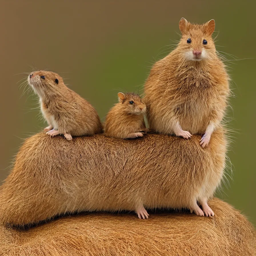 Prompt: a harvest mouse sitting on top of a cat sitting on top of a capybara, high definition, national geographic, award winning, god rays, 8k, 35mm wide angle photograph