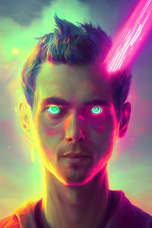 Prompt: Digital portrait of mystical god of fantasy realm with neon glowy eyes, hyperdetailed, artstation, concept art, smooth, gorgeous volumetric lighting, in style of simon stalenhag, stunning portrait, 4k